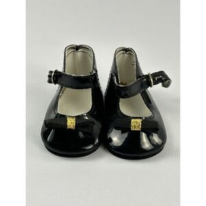 Vintage Doll Shoes Black Patent Mary Jane Gold Bow 2" Doll Accessories Glossy